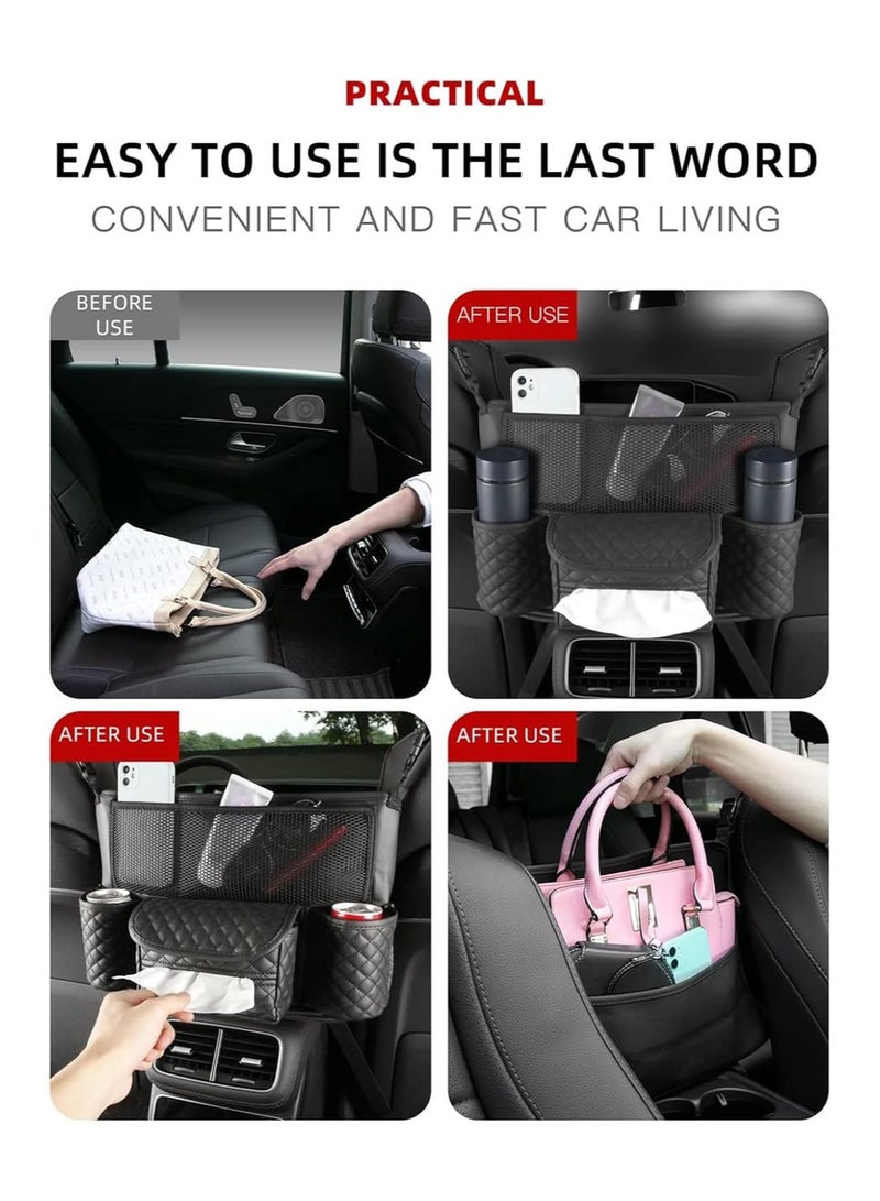Car Net جيب حامل حقيبة يد بين المقعد، الجلد الخلفي منظم التخزين السائق العالمي تخزين حقيبة Netting حامل حقيبة يد كبير لحقيبة الهاتف مفتاح زجاجة الطفل الحاجز للكونسول المقعد الأمامي - Image 5