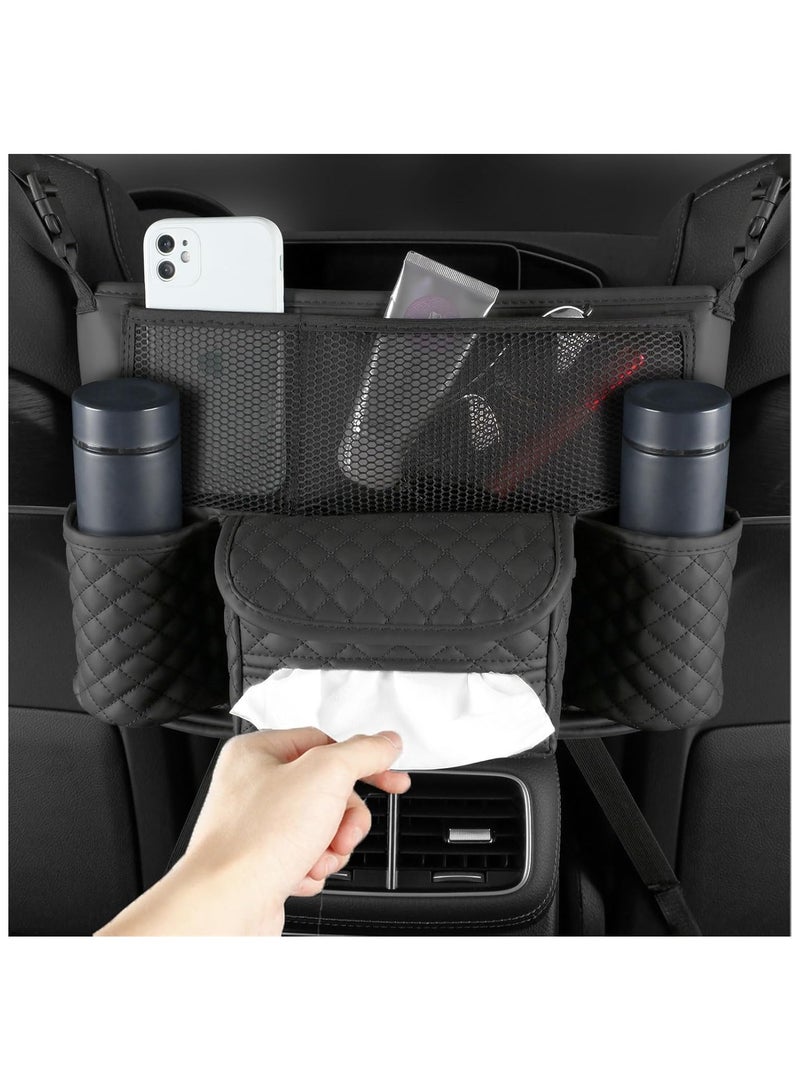 Car Net جيب حامل حقيبة يد بين المقعد، الجلد الخلفي منظم التخزين السائق العالمي تخزين حقيبة Netting حامل حقيبة يد كبير لحقيبة الهاتف مفتاح زجاجة الطفل الحاجز للكونسول المقعد الأمامي - Image 2