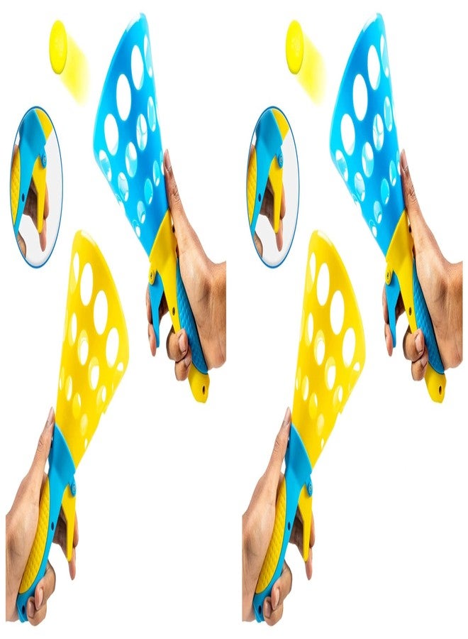 Storio Click and Catch Twin Ball Launcher Game with 3 Balls Indoor Outdoor Toy Set, Pop & Catch Ball Play Fun Boys & Girls (Pack of 2),Yellow & Blue