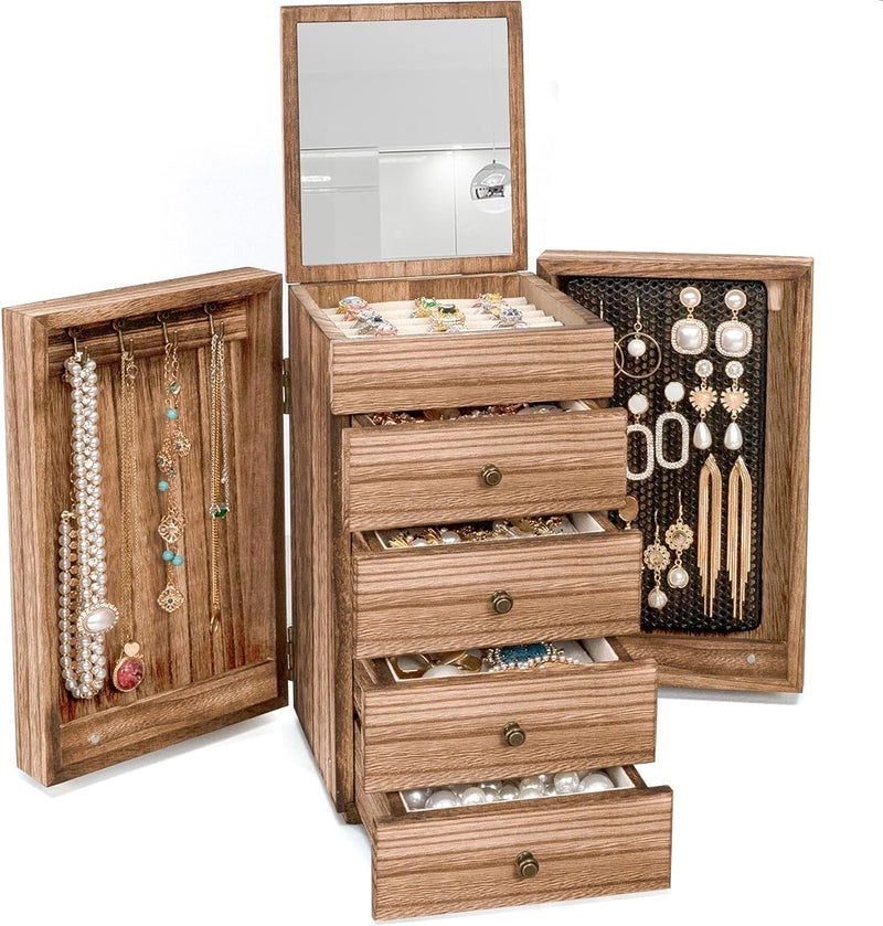 Meangood 5-Layer Wooden Jewelry Box with Mirror & 4 Drawers for Rings, Earrings, Necklaces - Vintage Style - Image 1