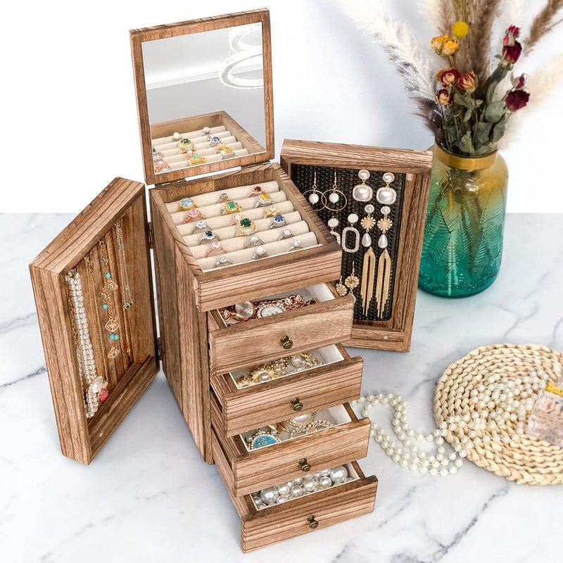 Meangood 5-Layer Wooden Jewelry Box with Mirror & 4 Drawers for Rings, Earrings, Necklaces - Vintage Style - Image 2