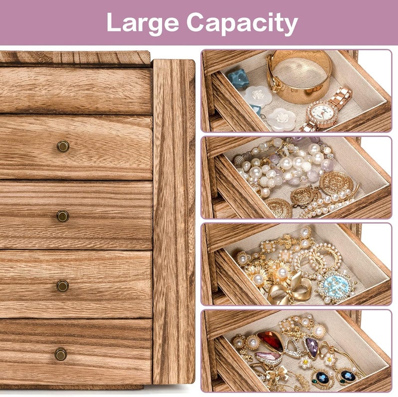 Meangood 5-Layer Wooden Jewelry Box with Mirror & 4 Drawers for Rings, Earrings, Necklaces - Vintage Style - Image 5
