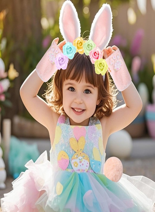 بينك شيب طقم آذان وذيل أرنب من بينك شيب للأطفال (3 قطع)، عصابات رأس على شكل أرنب مع قفازات أرنب وردية وزي أرنب للبنات، هدايا حفلات من بلوك، دمية أرنب قطيفة هدية للأطفال الصغار - Image 2