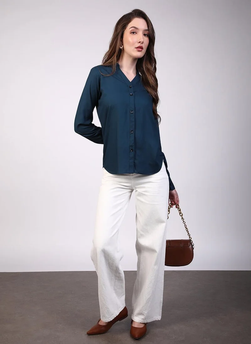 Urbano Fashion  Urbano Fashion Women's Midnight Blue Modal Viscose Full Sleeve Regular Fit Casual Solid Shirt with Mandarin Collar for Women | Best Price UAE
