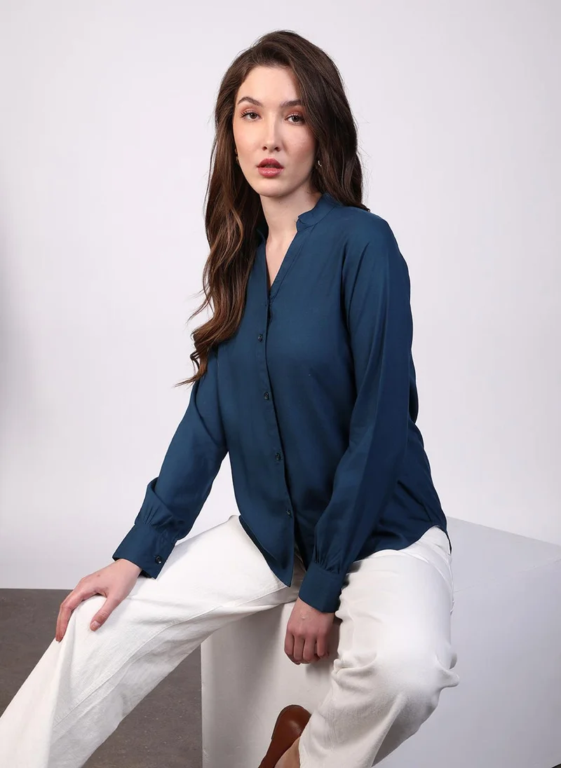 Urbano Fashion  Urbano Fashion Women's Midnight Blue Modal Viscose Full Sleeve Regular Fit Casual Solid Shirt with Mandarin Collar for Women | Best Price UAE