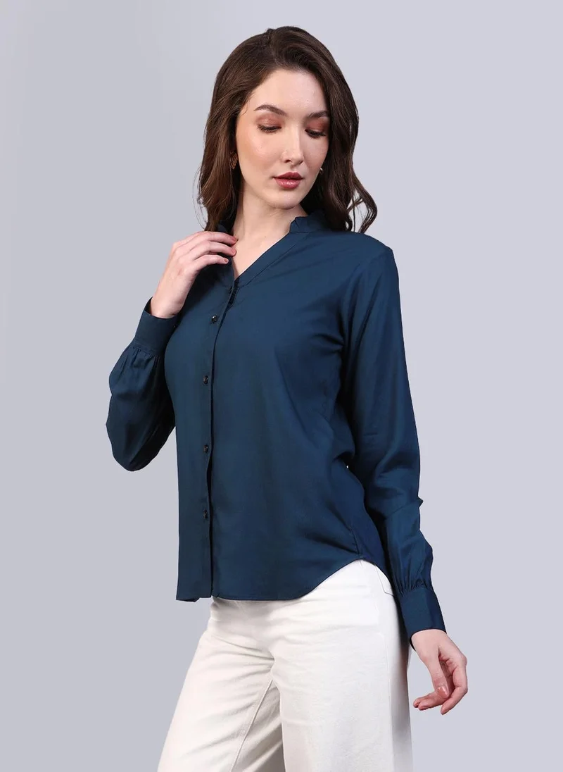 Urbano Fashion Women's Midnight Blue Modal Viscose Full Sleeve Regular Fit Casual Solid Shirt with Mandarin Collar