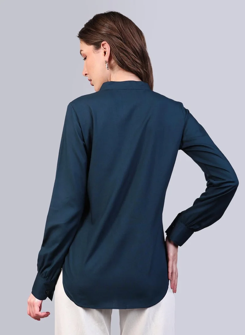 Urbano Fashion  Urbano Fashion Women's Midnight Blue Modal Viscose Full Sleeve Regular Fit Casual Solid Shirt with Mandarin Collar for Women | Best Price UAE
