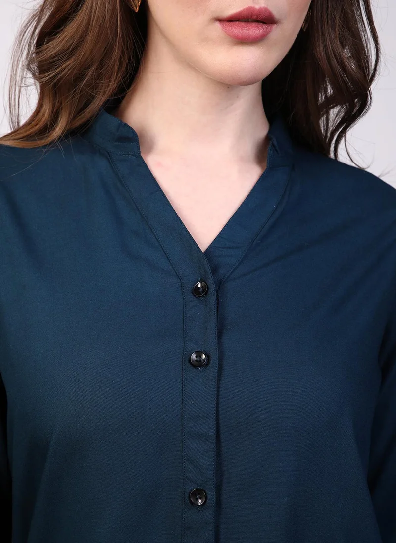 Urbano Fashion  Urbano Fashion Women's Midnight Blue Modal Viscose Full Sleeve Regular Fit Casual Solid Shirt with Mandarin Collar for Women | Best Price UAE