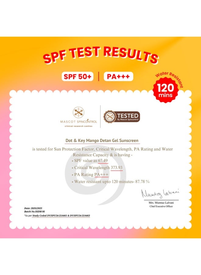 Dot & Key Mango Detan Gel Sunscreen SPF 50+ PA+++ 50g | Oil-Free, With Alpha-Arbutin & Niacinamide | Controls Tanning, Brightens Skin, Ultra-light | Fades Dark Spots, Evens Tone, Water Resistant | All Skin Types - Image 2
