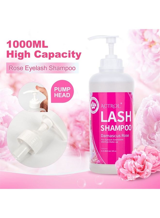 Eyelash Extension Cleanser Rose 1L Natural Lash Extension Shampoo Professional Eyelid Foaming Cleanser Paraben & Sulfate Free Non-lrritating with Salon and Home Care