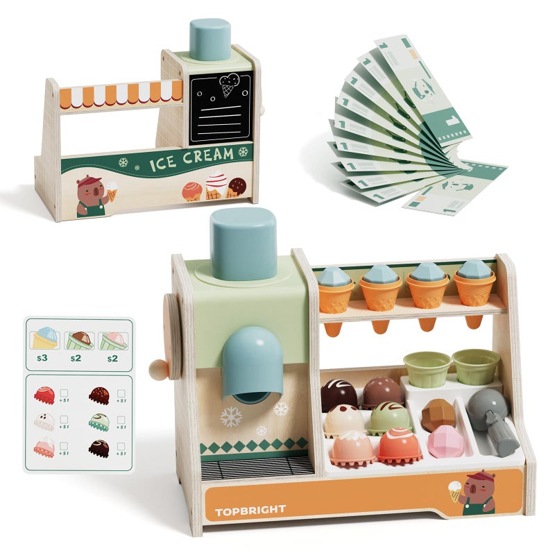 TOP BRIGHT Wooden Ice Cream Pretend Play Toys, Play Kitchen Set for Kids with Ice Cream Counter & Scoop & Menu, Montessori Toys for Boys Girls Capybara Gift Age 3+ - Image 2