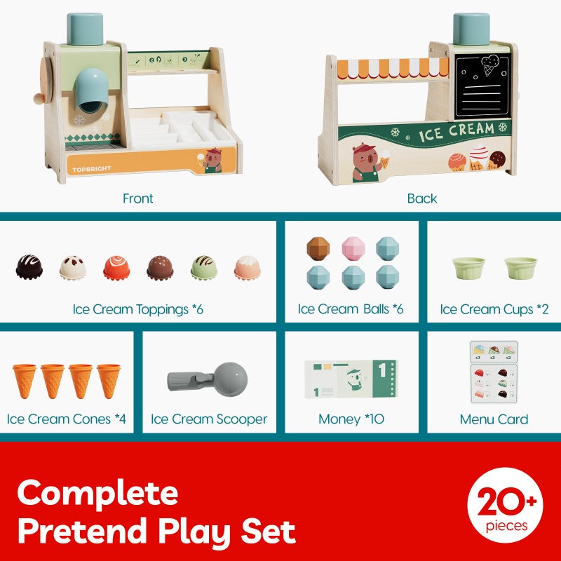 TOP BRIGHT Wooden Ice Cream Pretend Play Toys, Play Kitchen Set for Kids with Ice Cream Counter & Scoop & Menu, Montessori Toys for Boys Girls Capybara Gift Age 3+ - Image 4