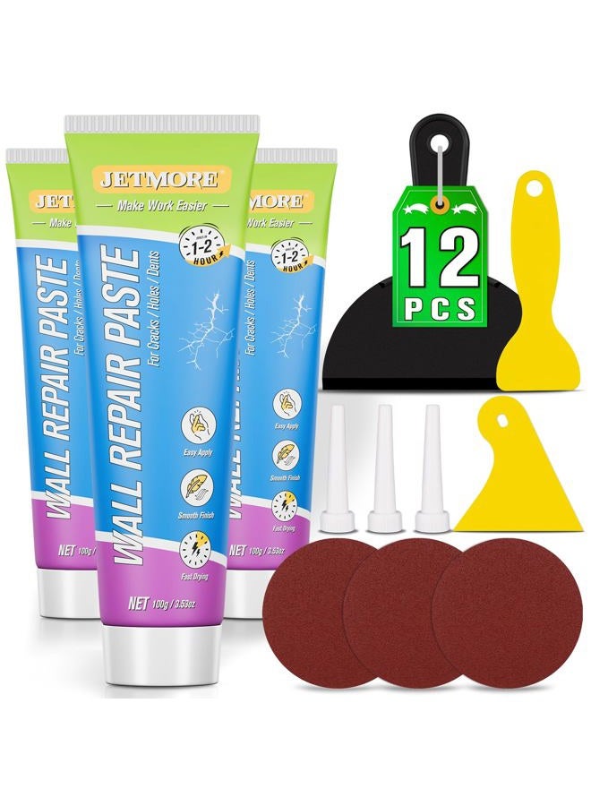 JETMORE Drywall Repair Kit, 3 Pack Wall Mending Agent, Spackle Wall Repair Paste, Wall Hole Repair Kit, Drywall Patch with Scraper, Sanding Pad, Hole Fill Quick and Easy Solution, Plaster Wall Repair - Image 1