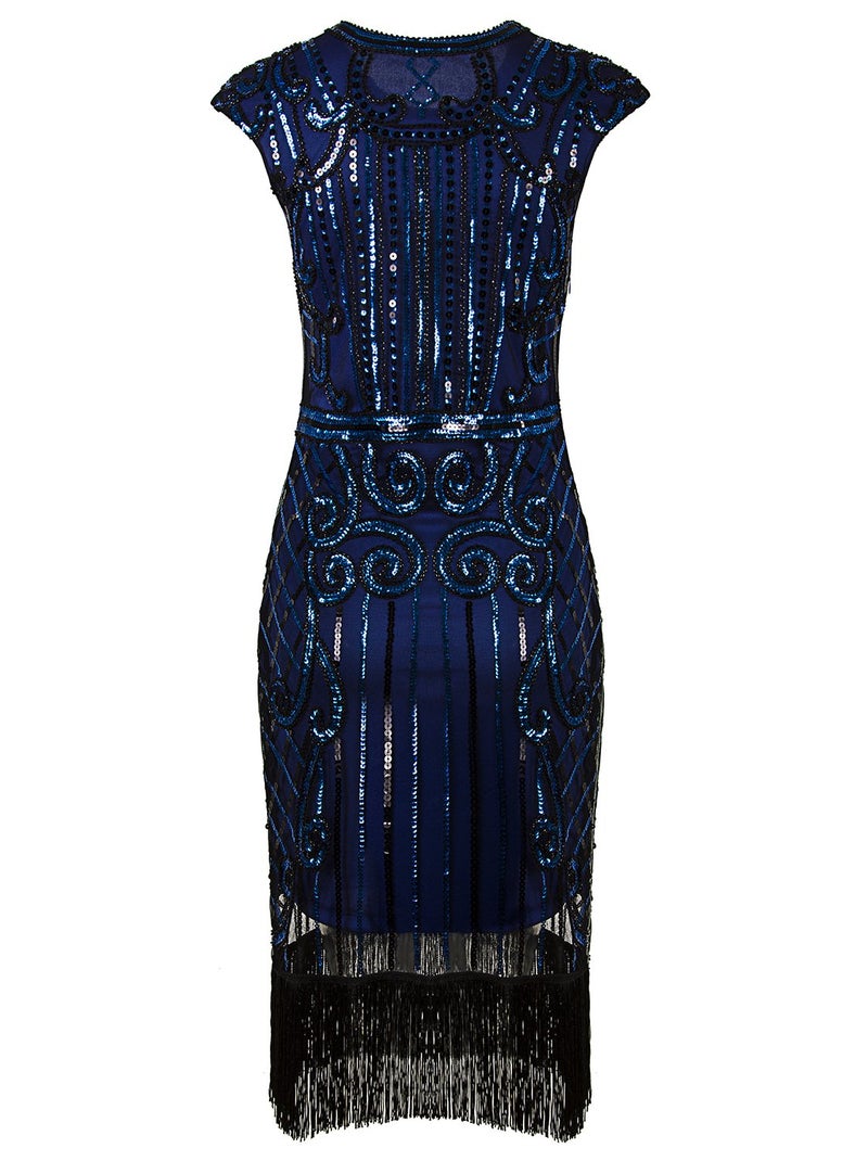 Vijiv 1920s Vintage Inspired Sequin Embellished Fringe Long Gatsby Flapper Dress,Medium,Blue - Image 4
