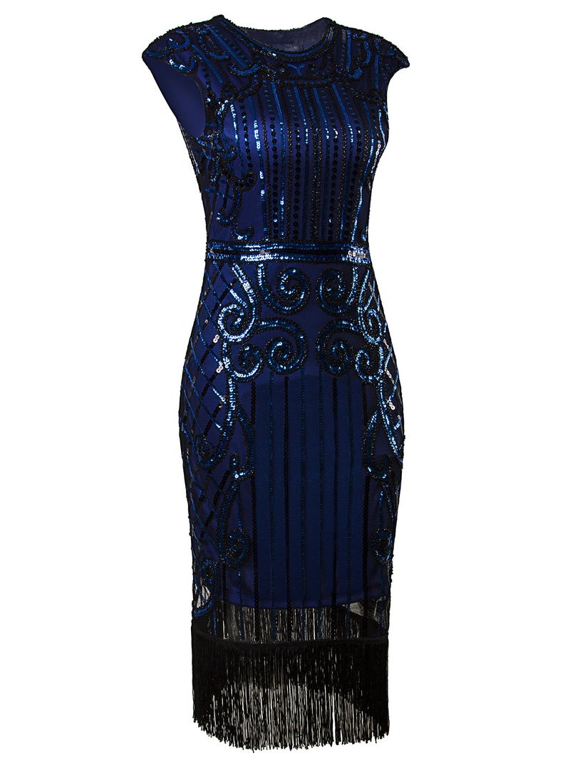 Vijiv 1920s Vintage Inspired Sequin Embellished Fringe Long Gatsby Flapper Dress,Medium,Blue - Image 2