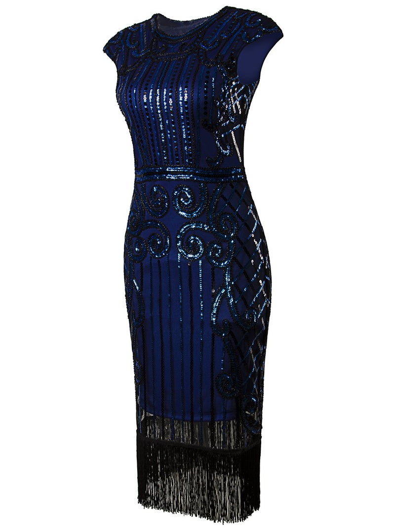 Vijiv 1920s Vintage Inspired Sequin Embellished Fringe Long Gatsby Flapper Dress,Medium,Blue - Image 3
