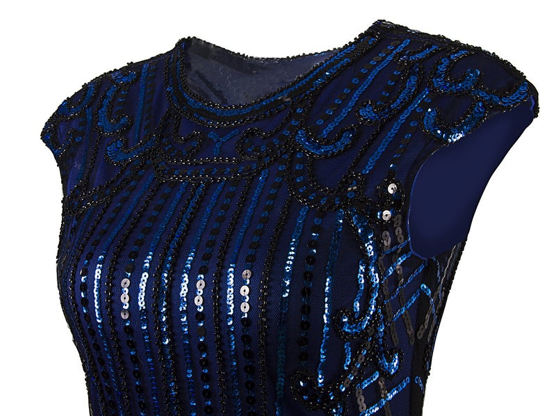 Vijiv 1920s Vintage Inspired Sequin Embellished Fringe Long Gatsby Flapper Dress,Medium,Blue - Image 5