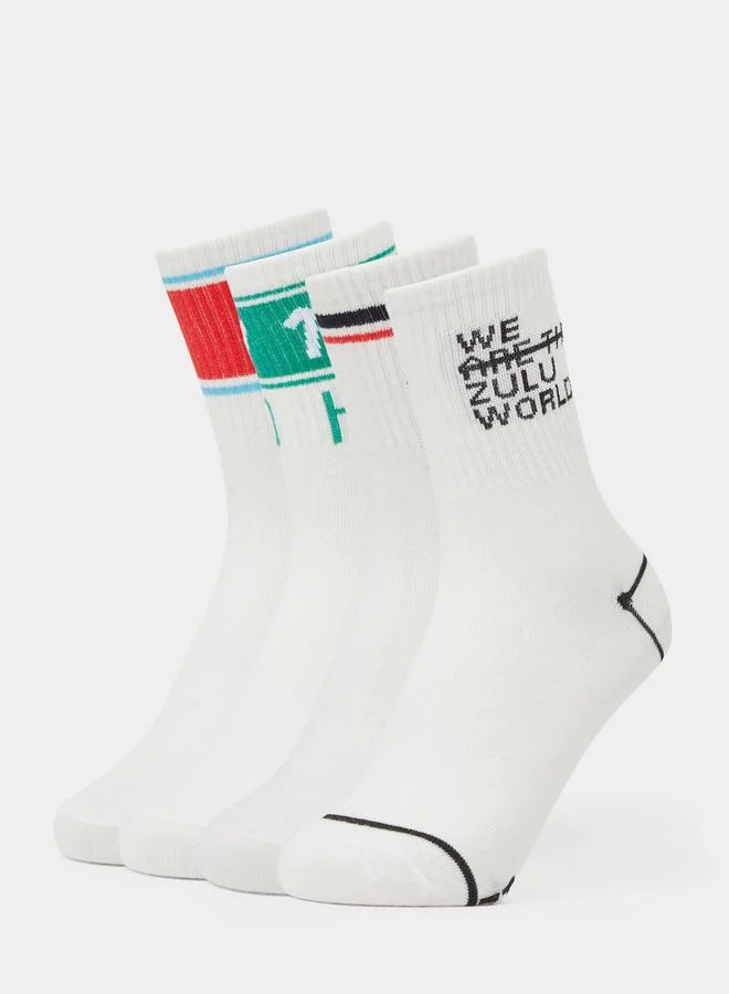 Pack of 4 White Printed Crew Socks