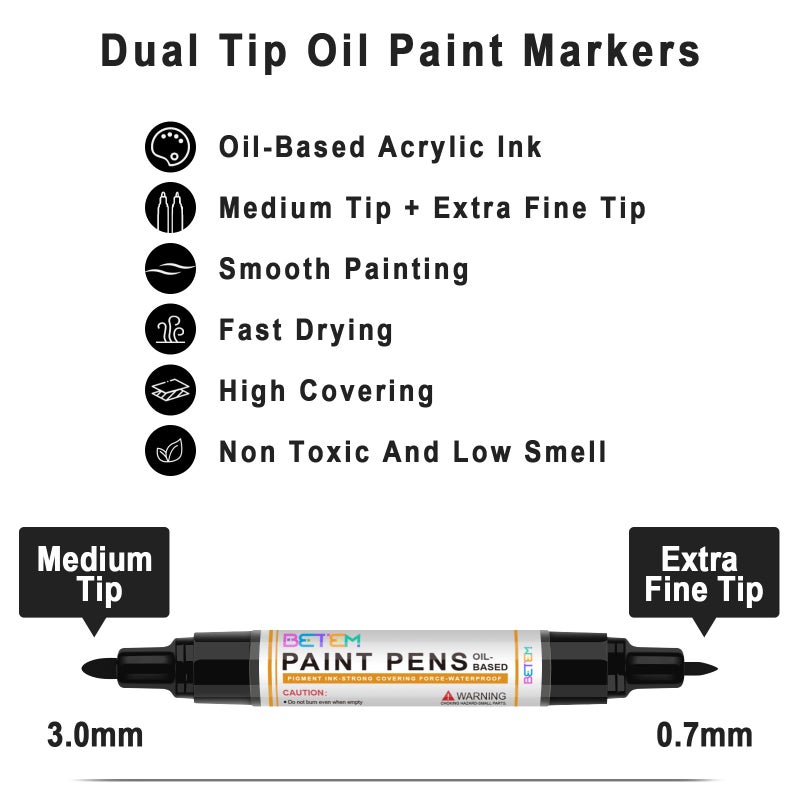 Betem 4 Count Dual Tip Oil Based Black White Paint Pen(0.7mm & 3mm), White Permanent Marker Black Paint Markers, Waterproof, Quick Dry, for Fabric, Rock Painting, Wood, Plastic, Ceramic, Metal, Canvas - Image 2
