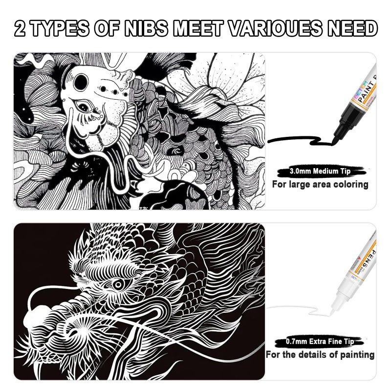 Betem 4 Count Dual Tip Oil Based Black White Paint Pen(0.7mm & 3mm), White Permanent Marker Black Paint Markers, Waterproof, Quick Dry, for Fabric, Rock Painting, Wood, Plastic, Ceramic, Metal, Canvas - Image 3