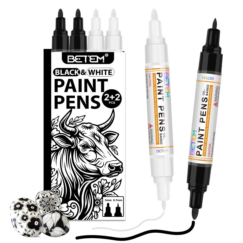 Betem 4 Count Dual Tip Oil Based Black White Paint Pen(0.7mm & 3mm), White Permanent Marker Black Paint Markers, Waterproof, Quick Dry, for Fabric, Rock Painting, Wood, Plastic, Ceramic, Metal, Canvas - Image 1
