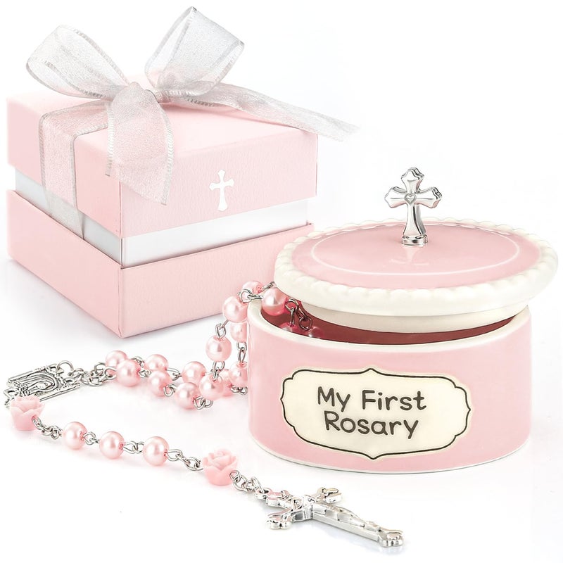 My First Rosary with Ceramic Keepsake Box - Pink Baptism Gift Set for Girls - Image 1