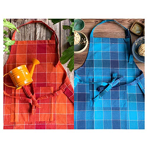 PIXEL HOME DECOR PIXEL HOME © Kitchen Apron Aprons with Pockets for Women Men Dishwashing.Baking,Grill,Restaurant Durable, Washable - Pack of 2 (Blue & Orange Check) - Image 2