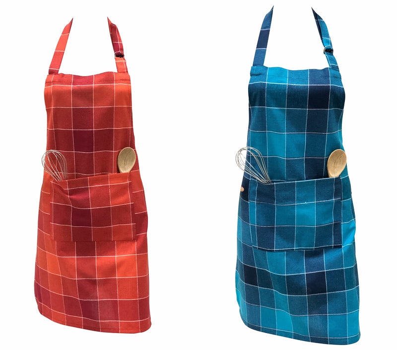PIXEL HOME DECOR PIXEL HOME © Kitchen Apron Aprons with Pockets for Women Men Dishwashing.Baking,Grill,Restaurant Durable, Washable - Pack of 2 (Blue & Orange Check) - Image 1