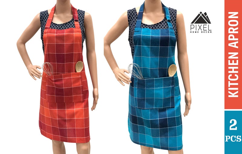 PIXEL HOME DECOR PIXEL HOME © Kitchen Apron Aprons with Pockets for Women Men Dishwashing.Baking,Grill,Restaurant Durable, Washable - Pack of 2 (Blue & Orange Check) - Image 5