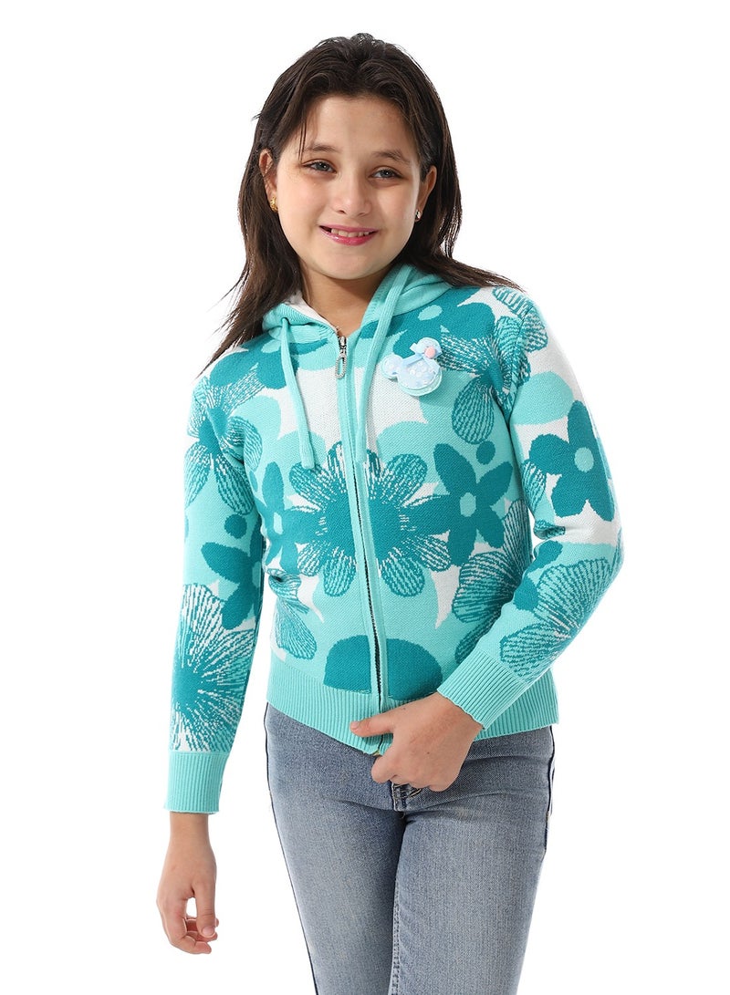 Andora Girls Self Patterned Sweatshirt With A Pin-on Toy _Turquoise - Image 1