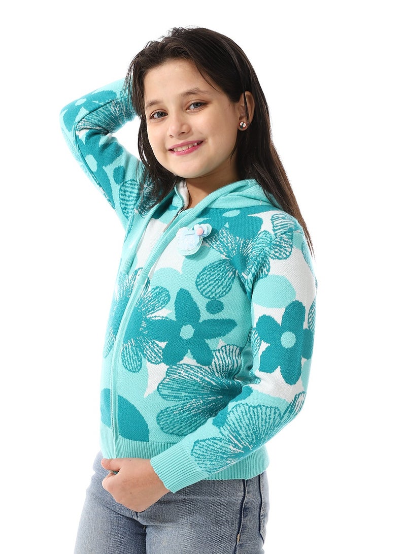 Andora Girls Self Patterned Sweatshirt With A Pin-on Toy _Turquoise - Image 2