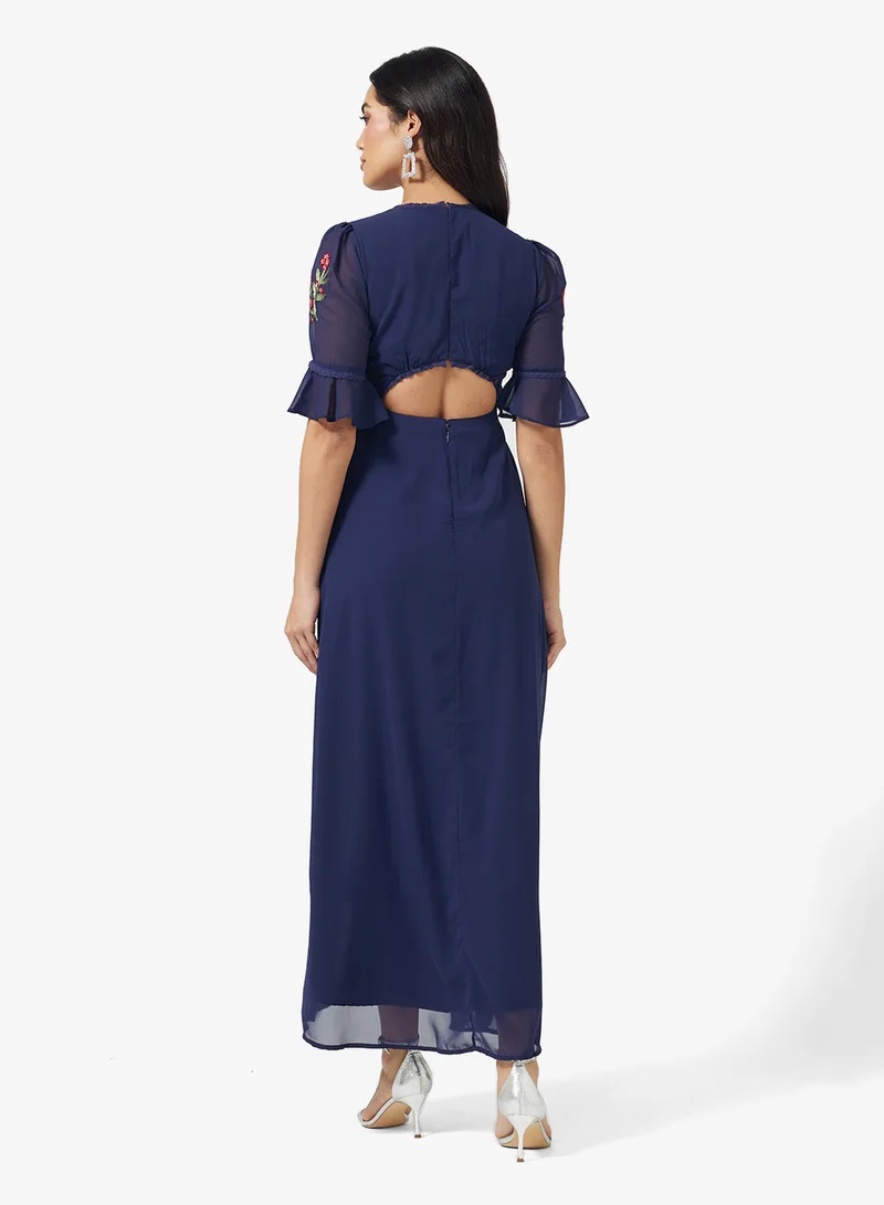 Hope & Ivy Frill Sleeve Thigh Split Open Back Maxi Dress