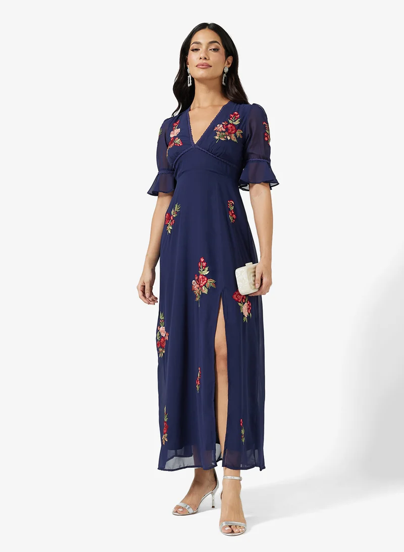 Hope & Ivy Frill Sleeve Thigh Split Open Back Maxi Dress