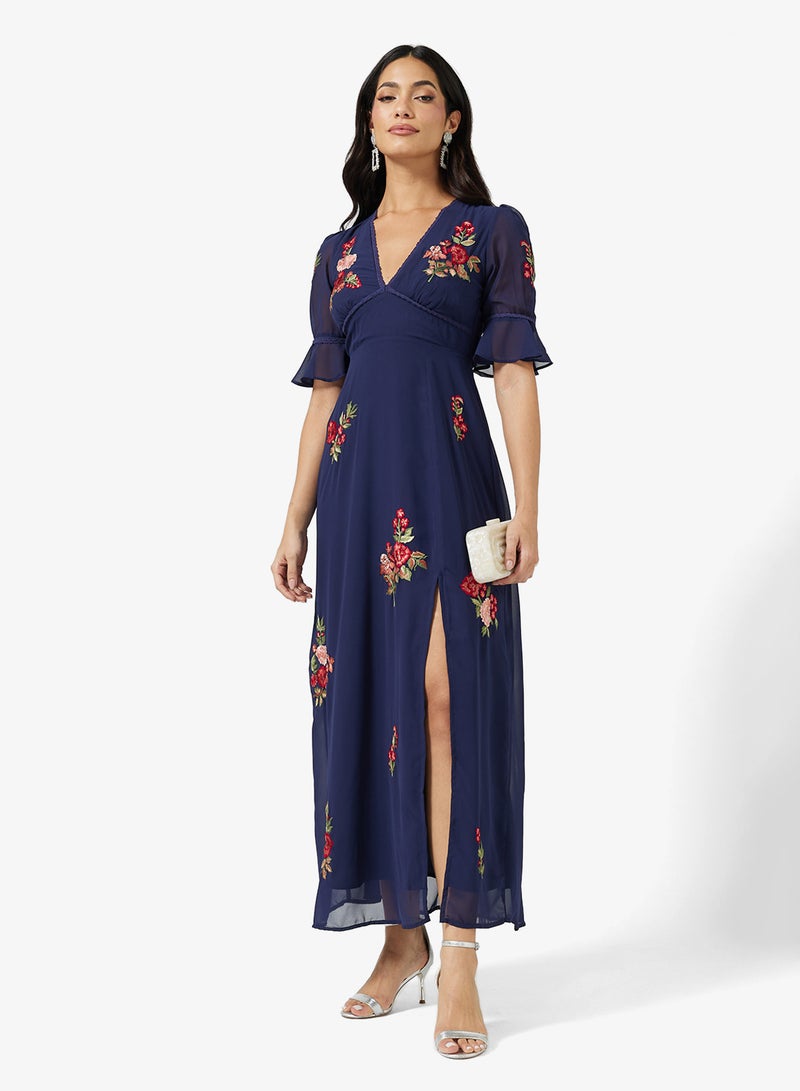 Hope & Ivy Frill Sleeve Thigh Split Open Back Maxi Dress - Image 1