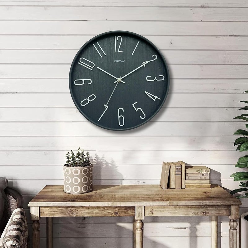 OREVA 12 Inch Round Fancy Embossed Number Dial Contemporary Stylish Quartz Clocks Modern Analog Silent Wall Clock for Living Room Bedroom Latest Home Décor Office AQ-9517SS (Grey) - Image 1