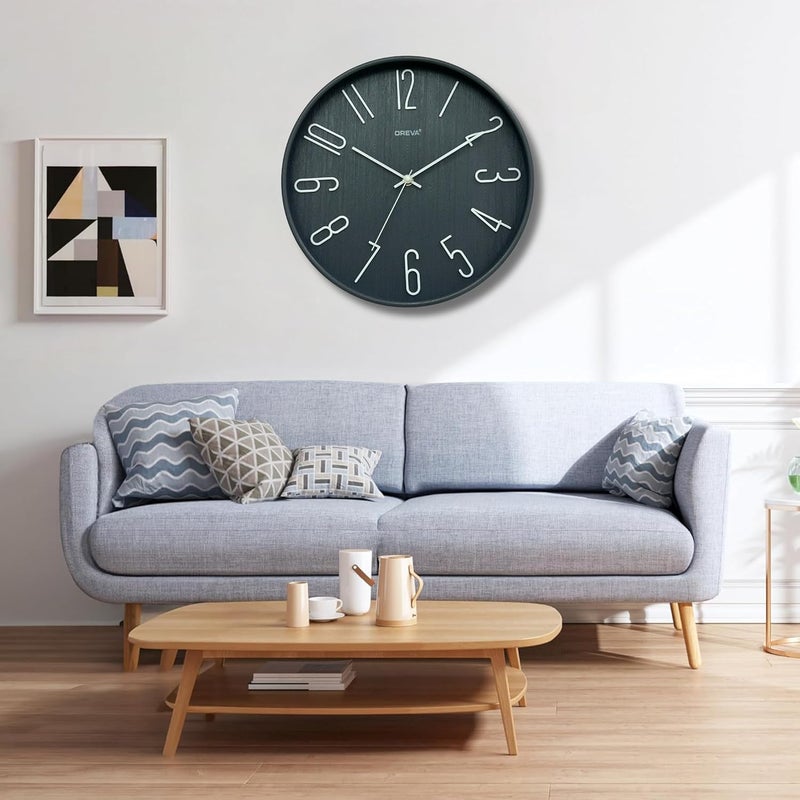 OREVA 12 Inch Round Fancy Embossed Number Dial Contemporary Stylish Quartz Clocks Modern Analog Silent Wall Clock for Living Room Bedroom Latest Home Décor Office AQ-9517SS (Grey) - Image 2
