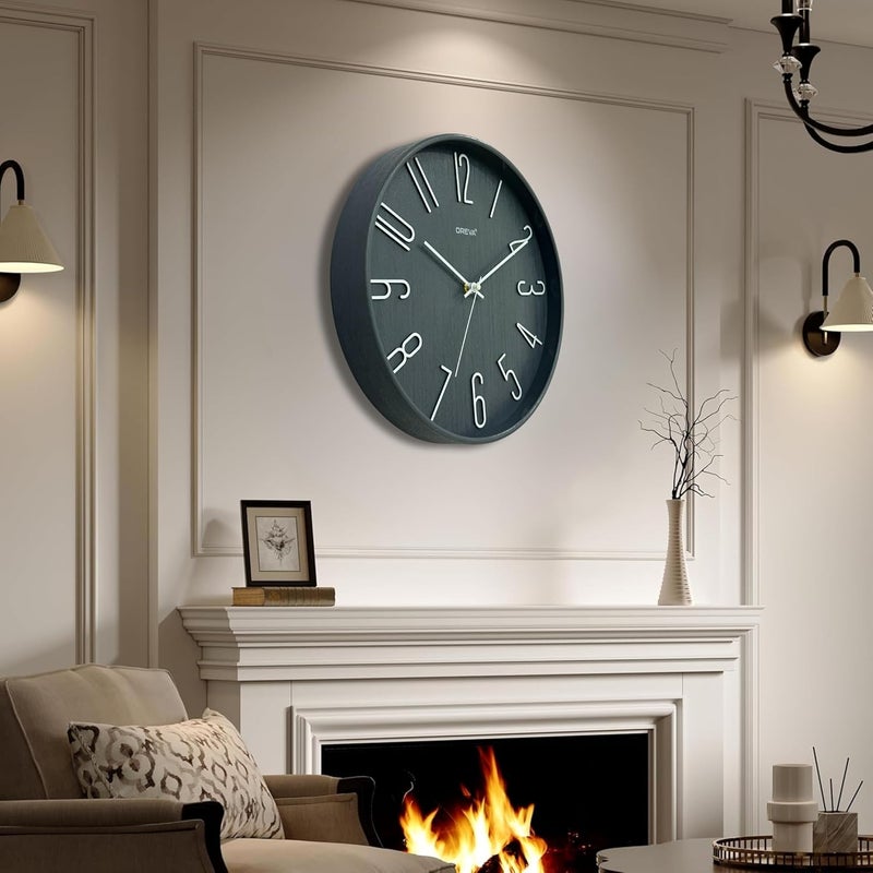 OREVA 12 Inch Round Fancy Embossed Number Dial Contemporary Stylish Quartz Clocks Modern Analog Silent Wall Clock for Living Room Bedroom Latest Home Décor Office AQ-9517SS (Grey) - Image 4