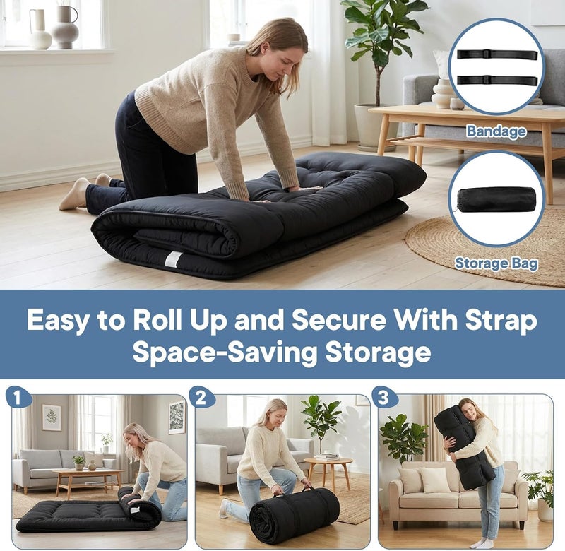 XICEN Japanese Floor Mattress, Futon Mattress with Portable Storage Bag and Washable Cover, Roll Up Thick Tatami Mat Suitable for Camping, Guest Room (Black) - Image 4