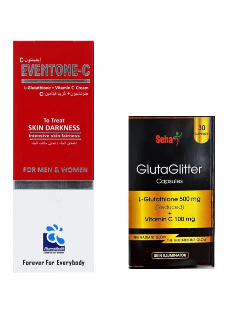 PharmaHealth Eventone-C L-Glutathione + Vitamin C Skin Darkness Treatment Cream For Men and Women Combined with Glutaglitter, L-Glutathione 500mg and Vitamin C 100mg Capsules for Effective Results(One Month Supply)  - Image 1