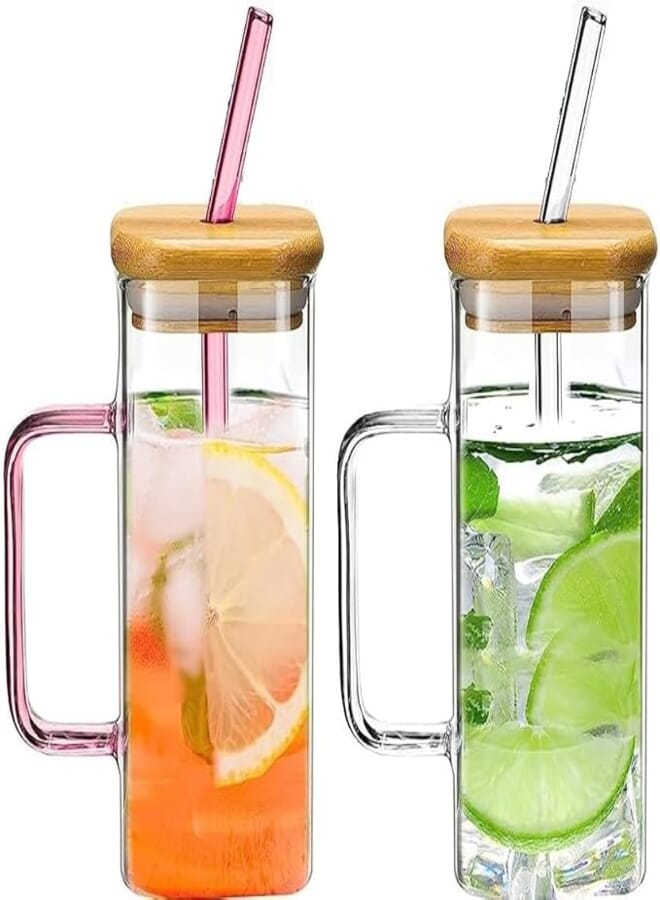 KAMVY Glass Tumbler with Colored Handle Pack of 2, 400ml Coffee Sipper with Wooden Lid and Glass Straw Iced Tea Mug Clear Drinking Cup for Juice, Milk, Smoothie, Beer