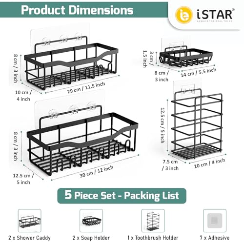 iSTAR 5 Pcs Wall Mounted Self Adhesive Bathroom Shelf Set with Toothbrush Holder & Hooks | Rust-Proof Shower Caddy |Multipurpose Storage Rack for Toiletries, Kitchen & Living Room Organizer (Set of 5) - Image 2