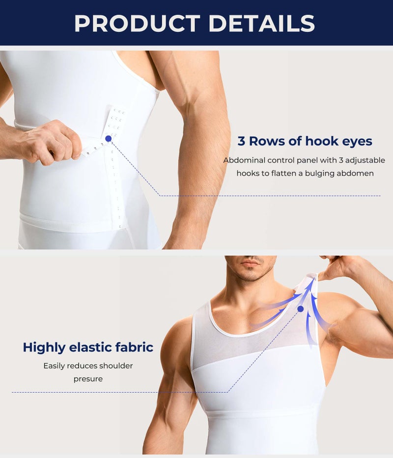 TAILONG Men Body Shaper Slimming Vest Tight Tank Top Compression Shirt Tummy Control Underwear Moobs Binder (White, L) - Image 2