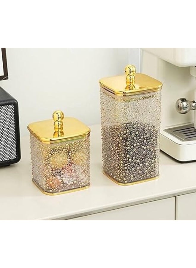 Luxury 3-piece acrylic glass storage jar set with gold lids, pearl bubble design for storing coffee, tea, sugar, and candy; square kitchen containers. - Image 4