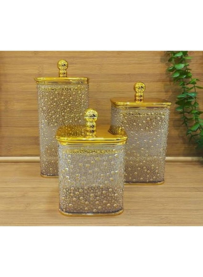 Luxury 3-piece acrylic glass storage jar set with gold lids, pearl bubble design for storing coffee, tea, sugar, and candy; square kitchen containers. - Image 2