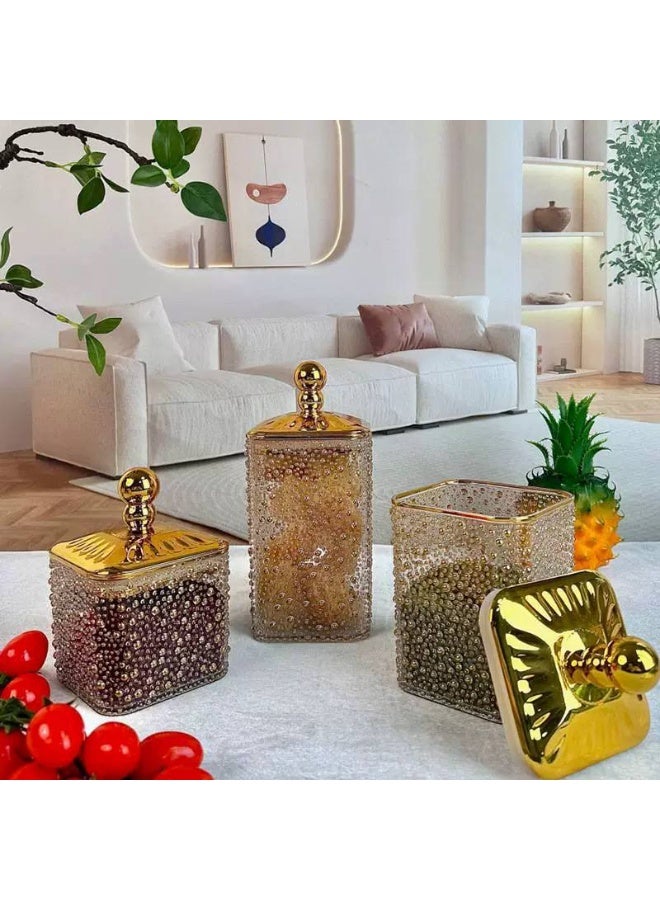 Luxury 3-piece acrylic glass storage jar set with gold lids, pearl bubble design for storing coffee, tea, sugar, and candy; square kitchen containers. - Image 3