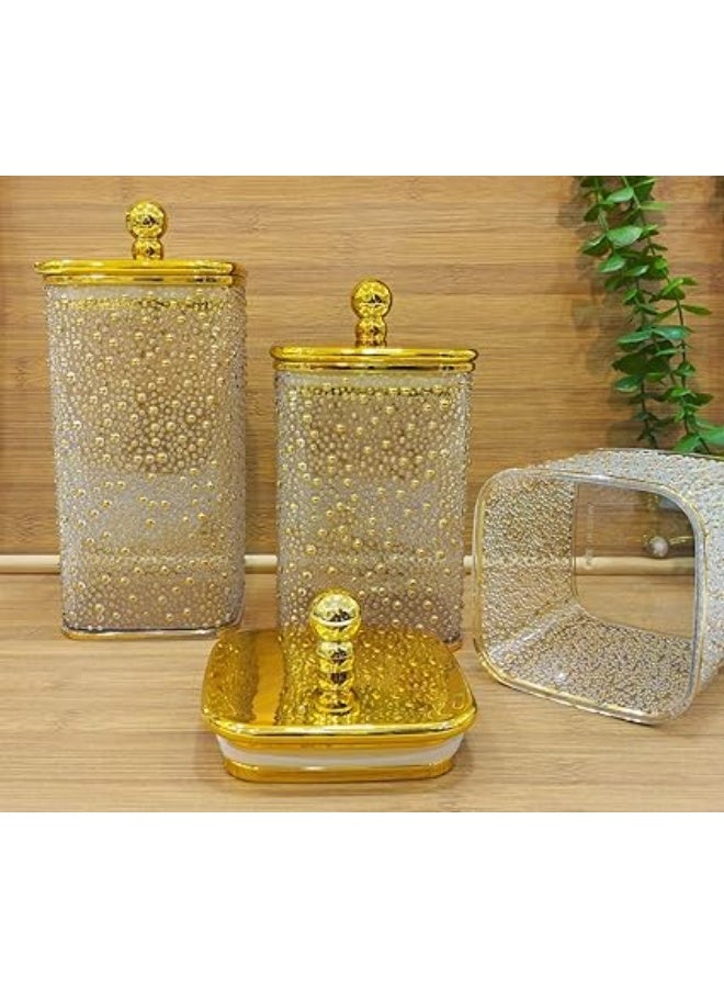 Luxury 3-piece acrylic glass storage jar set with gold lids, pearl bubble design for storing coffee, tea, sugar, and candy; square kitchen containers. - Image 1