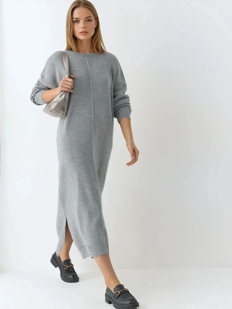 موضتي MY FASHION Textured Ribbed Long Knit Dress with Slit Detail