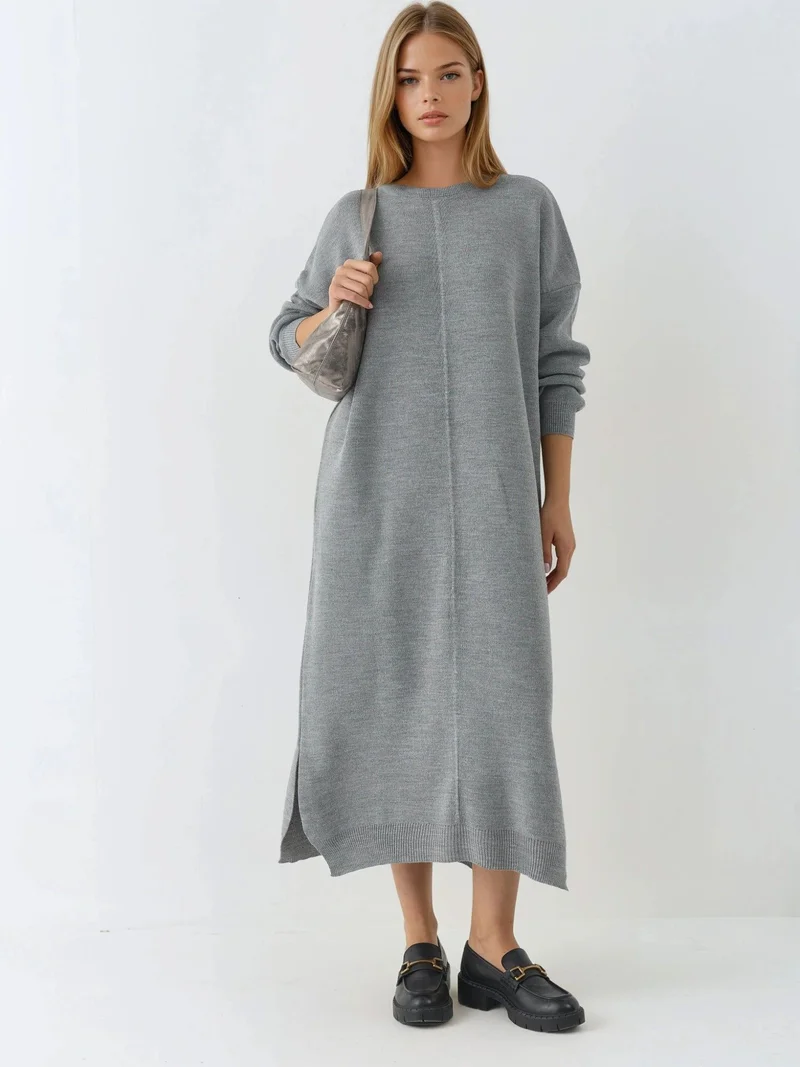 موضتي MY FASHION Textured Ribbed Long Knit Dress with Slit Detail