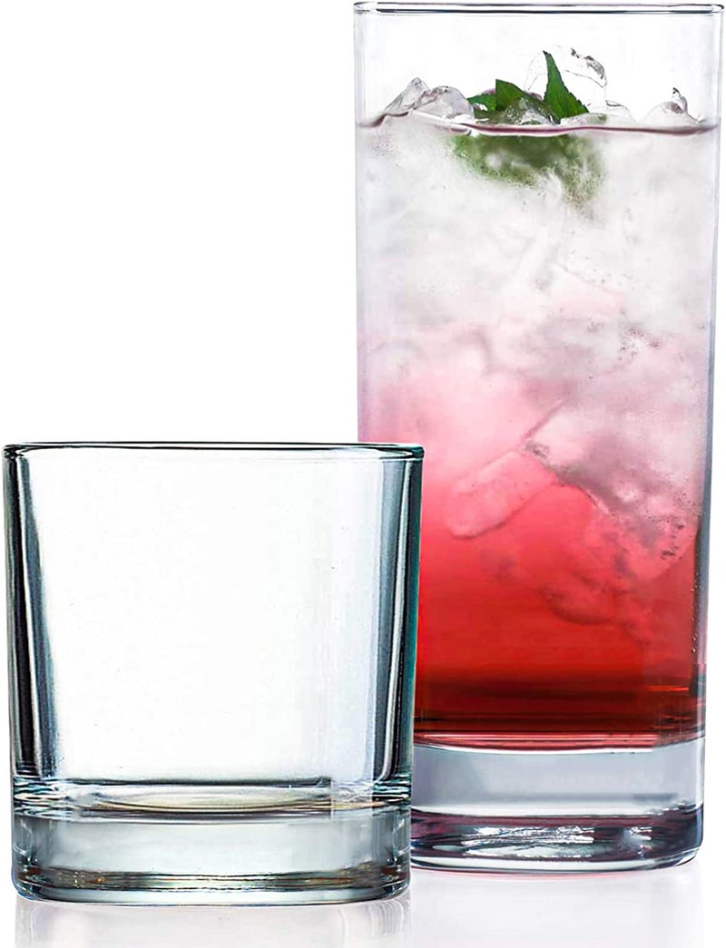 Le'raze Everyday Drinking Glasses Set of 8 Drinkware Hurricane Glasses, Kitchen Glasses for Cocktail, Iced Coffee, Beer, Ice Tea, Wine, Whiskey, Water, 4 Tall Glass Cups & 4 Short Dof Drinking Glass - Image 1
