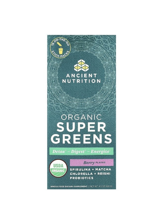 Ancient Nutrition - Ancient Nutrition, Organic Super Greens, Berry, 16 On-The-Go Stick Packs, 0.3 oz (7.5 g) Each - Image 1